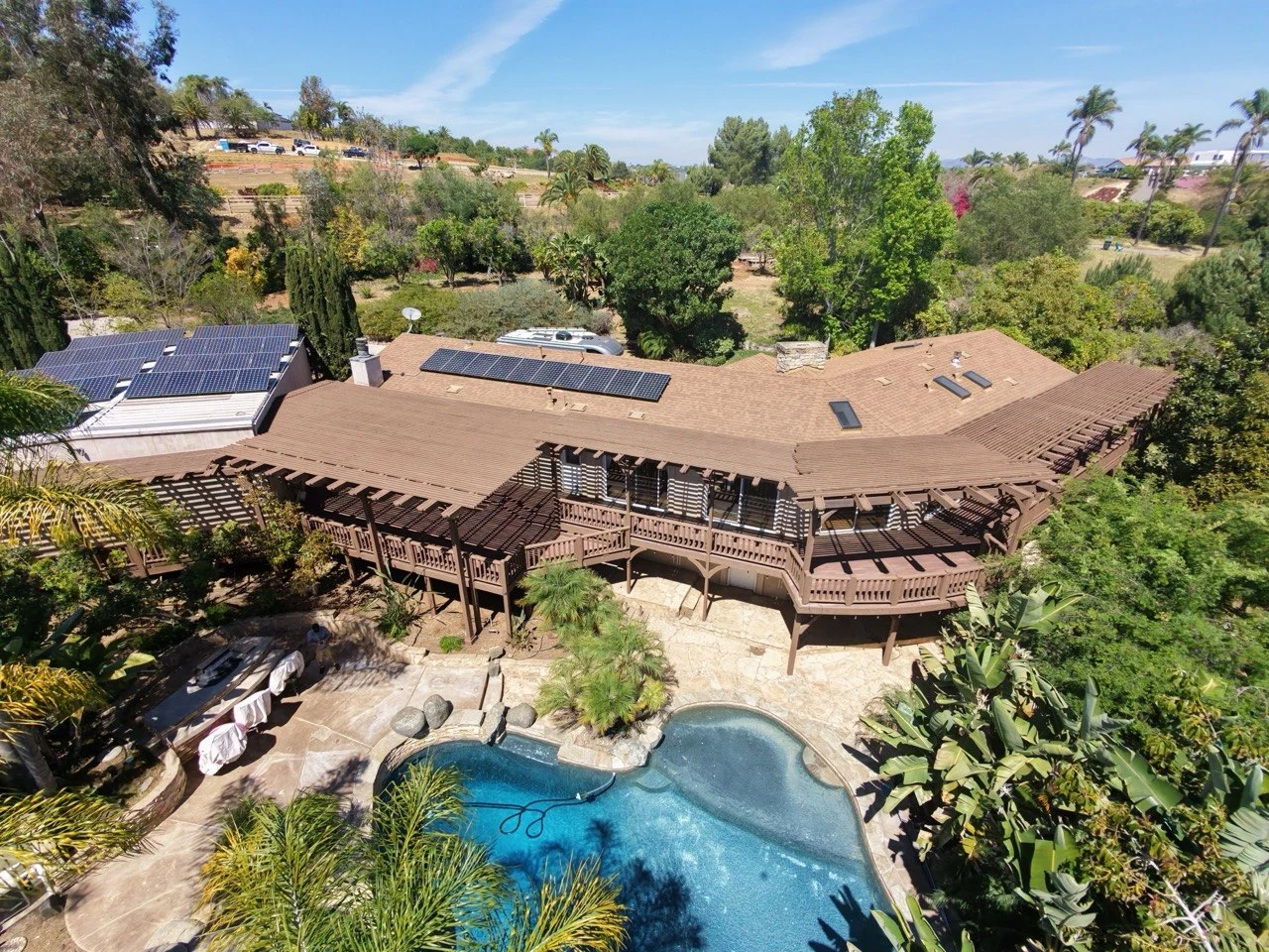 Aerial view of completed pergola and deck restoration